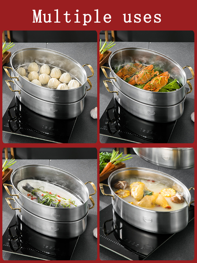 Gambar READY STOCKS !!!Grade 304 Stainless steel steamed fish pot   Fish steamer Glass lid thickened multifunctional steamer kitchen pot