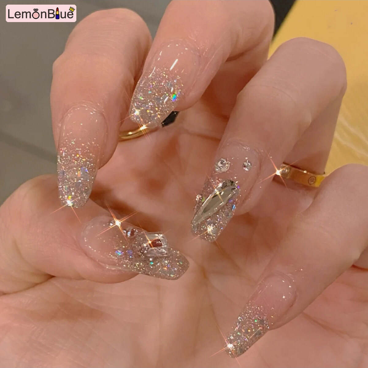 Gambar LemonBlue 24pcs Rhinestone Inlaid Nail Patch Shiny Glue Type Removable Long Paragraph False Nail Patch Shiny Glue Type Removable Manicure Save Time Long Paragraph Fashion Rhinestone Inlaid Nail Patch 24pcs