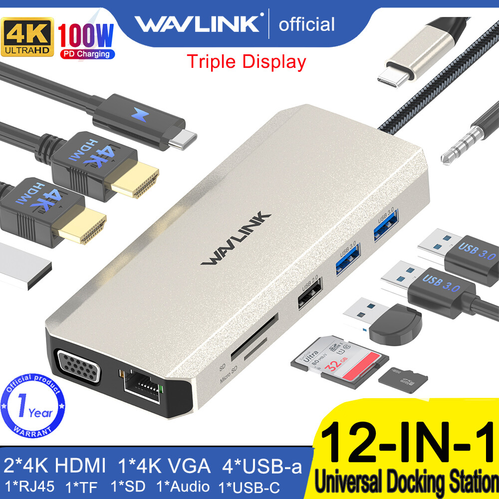Wavlink nhôm 12-in-1 USB C ba màn hình trạm nối cắm và chơi Type-C máy tính xách tay HUB với 2x4K HDMI ,1x2K cổng VGA 85W sạc PD Gigabit Ethernet đầu đọc thẻ TF và SD giắc âm thanh 3.5mm cho Windows Mac và hơn thế nữa