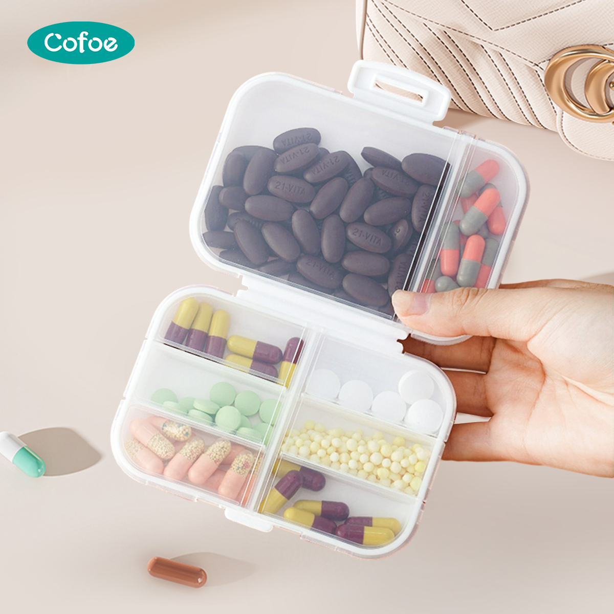 ผลิตภัณฑ์เพื่อสุขภาพและอุปกรณ์ทางการแพทย์ Cofoe 8 Grids Clamshell เครื่องตัดกล่องยา 7 วันกล่องเก็บยาแบบพกพา Organizer แท็บเล็ตความจุขนาดใหญ่กรณีสัปดาห์ภาชนะบรรจุยา Dispenser สำหรับเดินทาง