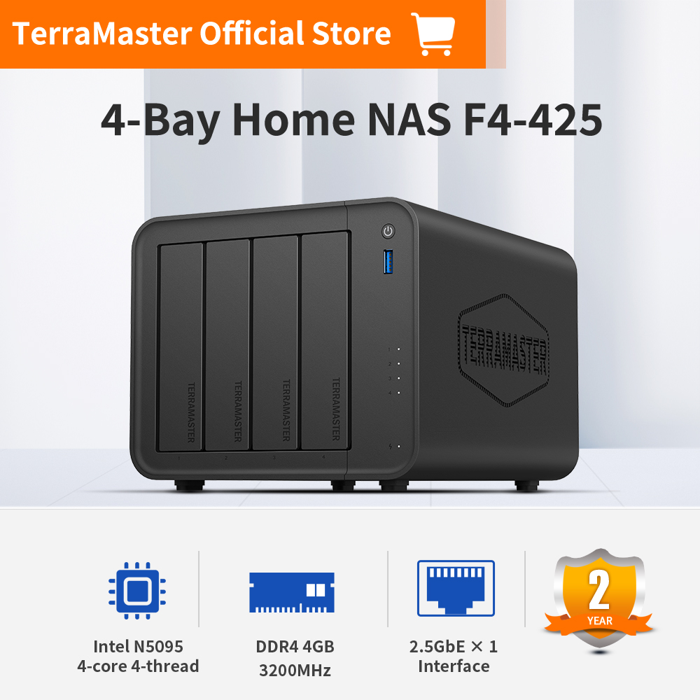อุปกรณ์จัดเก็บข้อมูล TerraMaster F4-425 ที่เก็บข้อมูล NAS 4-Bay – Intel x86 Quad-Core CPU, RAM 4GB, 2.5GbE LAN, เซิร์ฟเวอร์มัลติมีเดียที่เก็บข้อมูลบนเครือข่ายสำหรับผู้ใช้ตามบ้านปลั๊ก US (ไร้ดิสก์) ราคา 13,956 บาท*ส่งฟรี