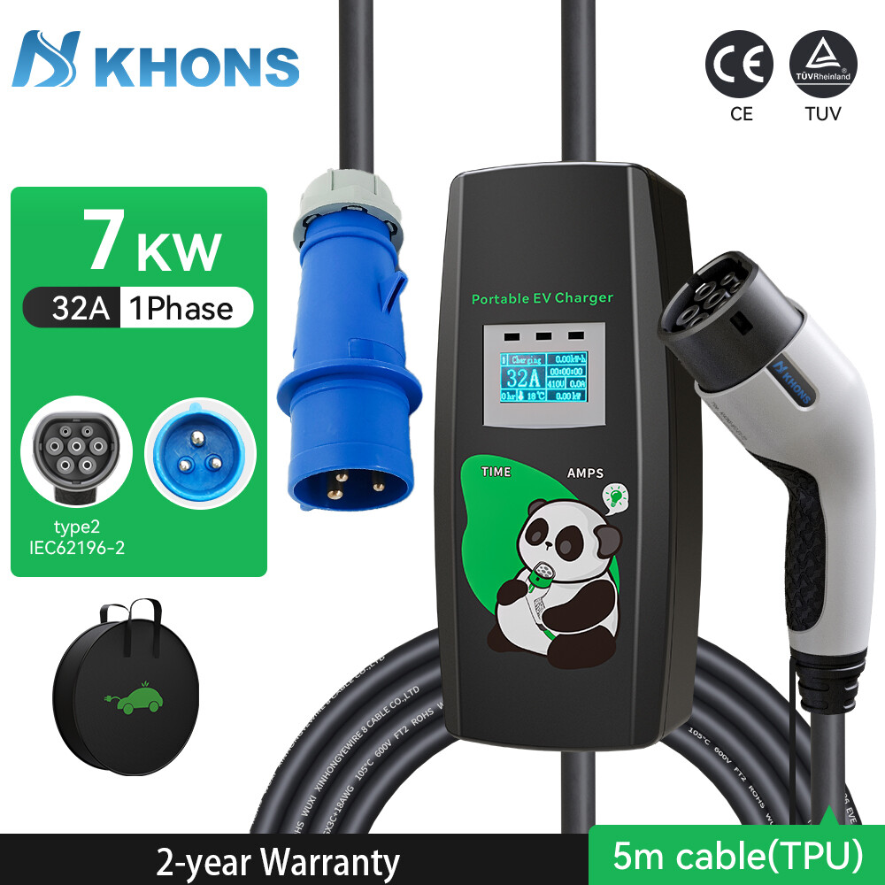 KHONS 7 kw Type2 Electric Vehicle Charger Schuko Plug 32A EV Portable Charger EVSE Wallbox 5m TPU Cable For Electric Vehicle ราคา 6,767 บาท*ส่งฟรี