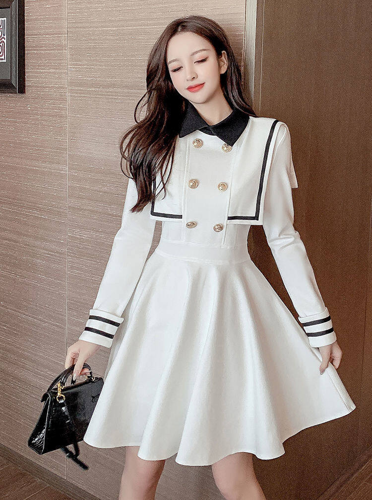 Navy style dress for women 2021 Spring and Autumn new small waist-tight temperament contrast color college style long sleeve A- line dress