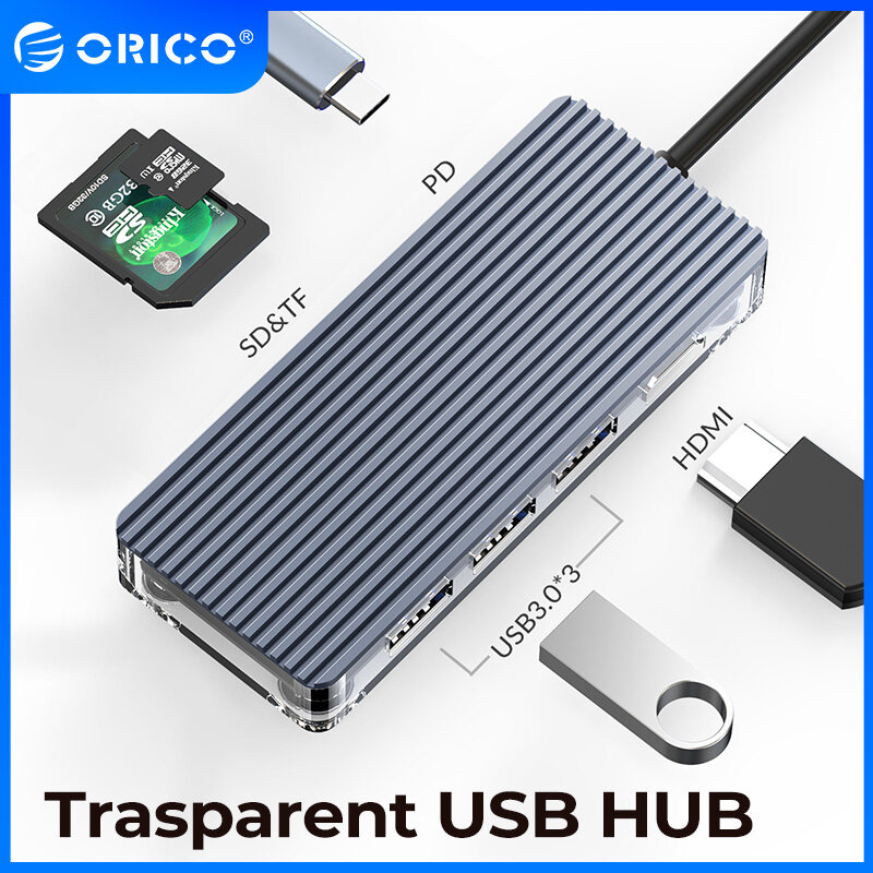 ORICO USB HUB Transparent Type C Dongle 11 in 1 to Multi USB 3.0 HDMI PD RJ45 Carder Reader Adapter Dock Splitter