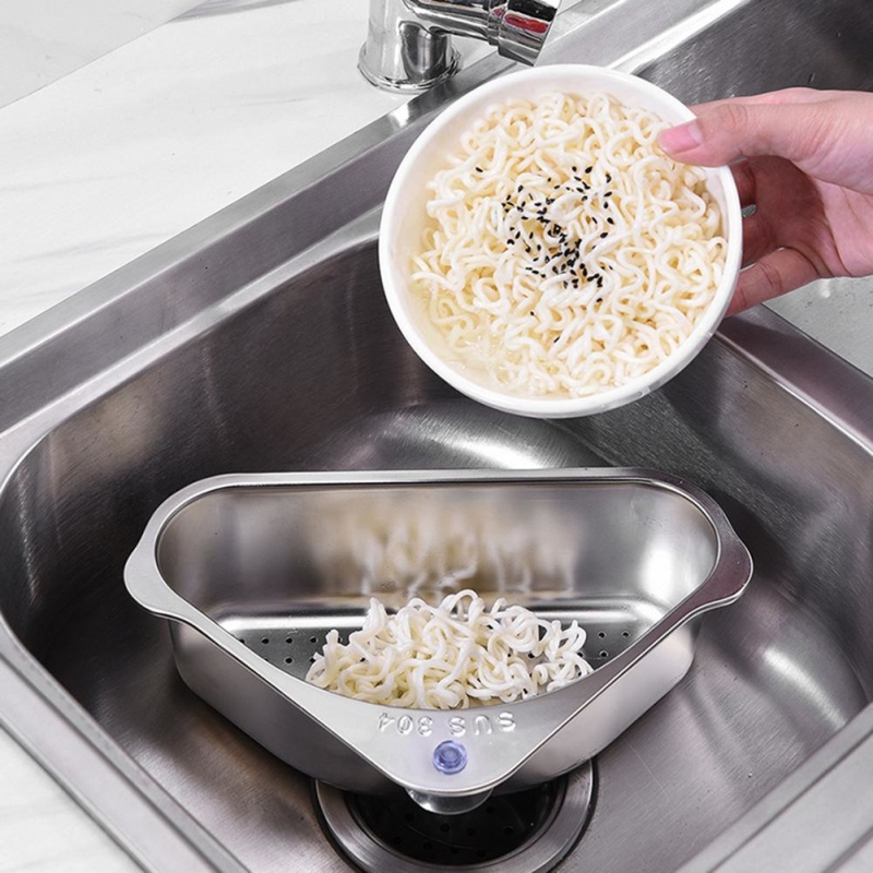 Gambar Stainless Steel Triangular Drain Holder Kitchen Vegetable Fruit Filter Sink Shelf Hanging Storage Strainer Basket Kitchen Access