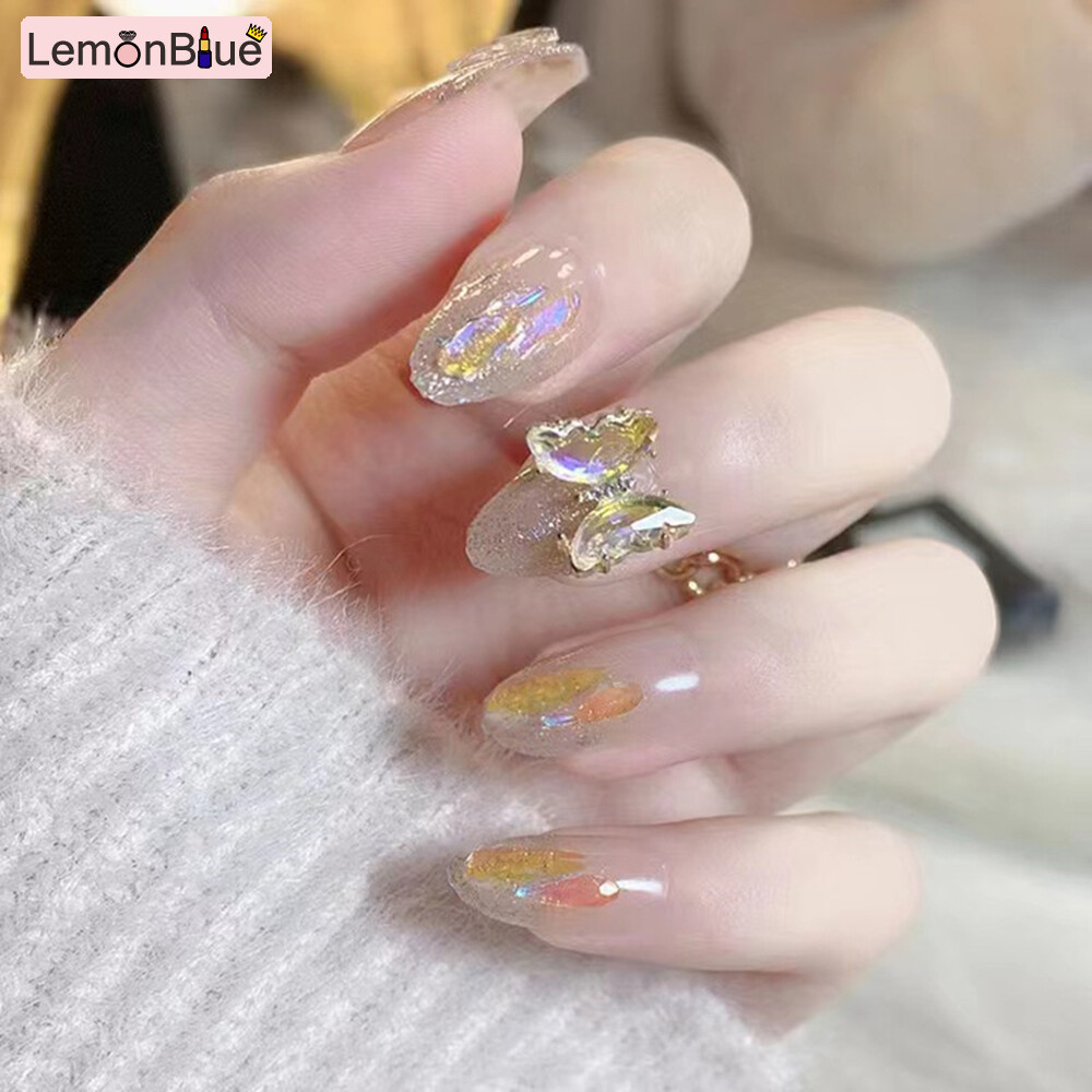 Gambar LemonBlue 24Pcs Glossy False Nails 3D Glitter Diamond Fake Nails for Women Girls French Style Full Cover Nail Sticker Salon Finger Toes DIY Manicure Artificial Nails Fake Nail Pieces Fake Nail Patch Press on Nails Easy Tear Not Fall Nail Art