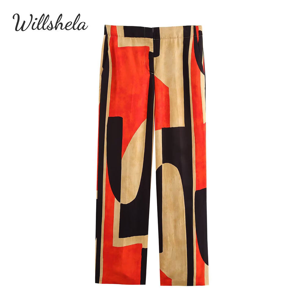 Willshela Women Fashion Printed Pants Straight Middle Waist Full Length Female Chic Lady Trousers ราคา 565 บาท*ส่งฟรี