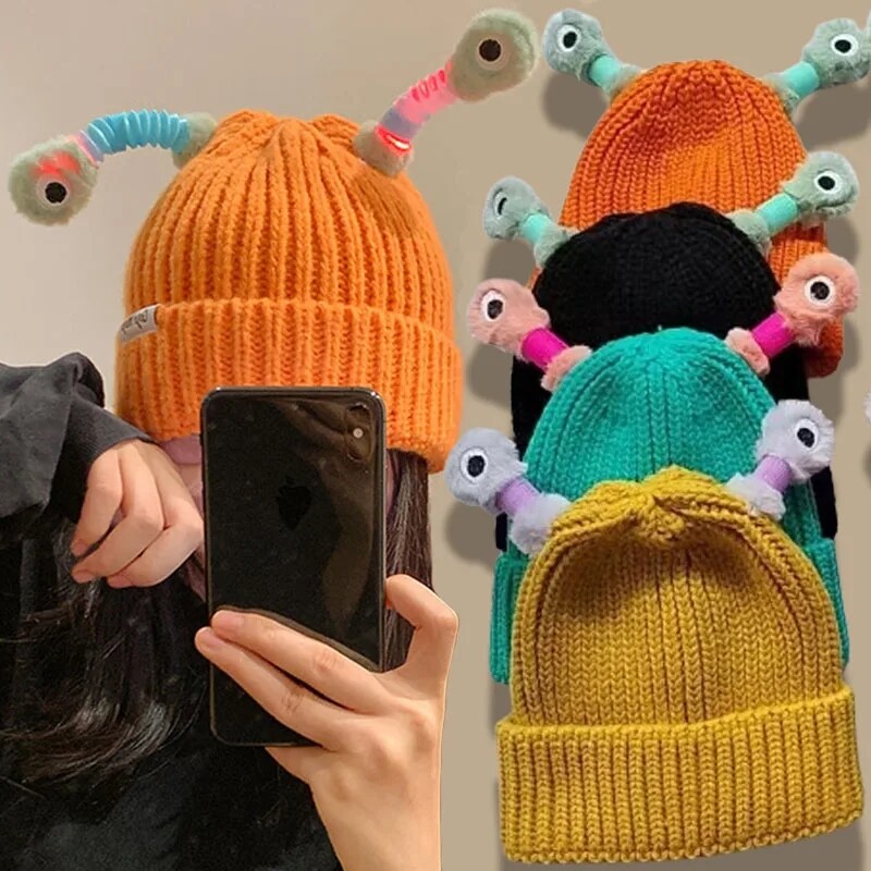 LED Cartoon Glowing Little Monster Woolen Hat for Women Autumn and Winter