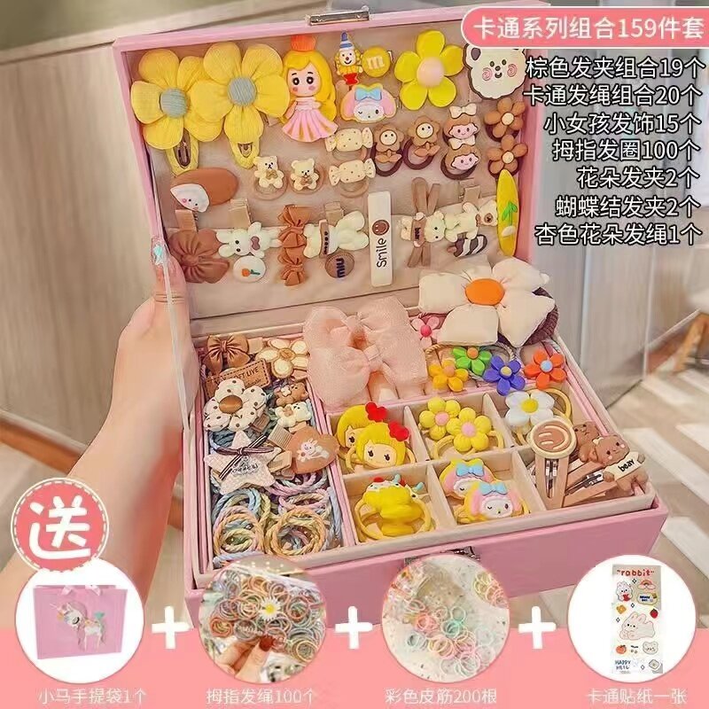 Girls Hair Accessories Set With Double Layer Jewelry Box, Including Hair Clips, Hair Ties (Multicolor)