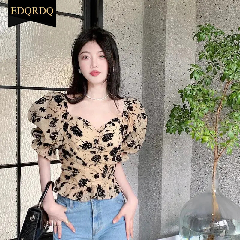 Edqrdq áo hoa thời trang áo cánh voan gợi cảm cổ thuyền tay phồng cho nữ