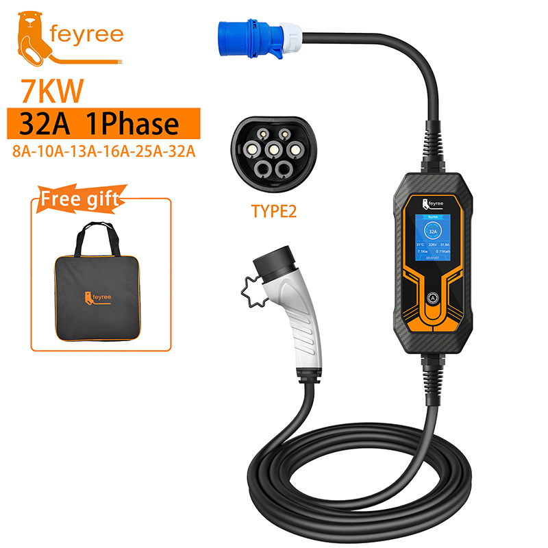 feyree Portable EV Charger Type2 7KW 32A EVSE Charging Box CEE Plug Type1 j1772 GB/T Cord Charger 5M Cable for Electric Vehicle ราคา 8,439 บาท*ส่งฟรี