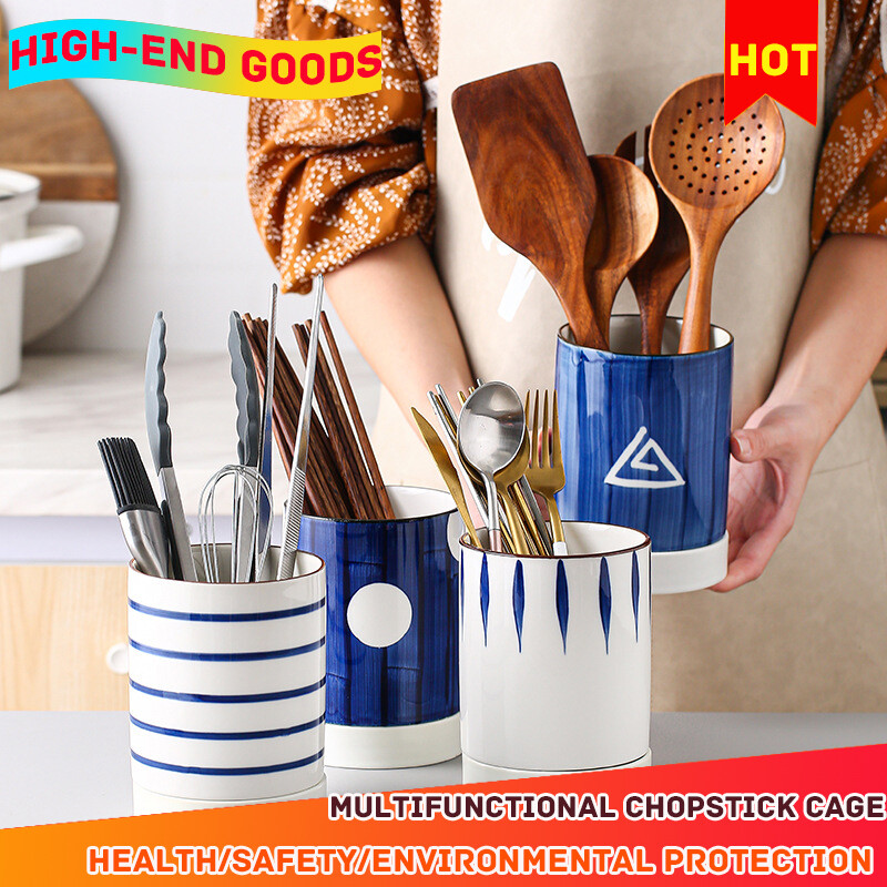 Gambar Ceramic Chopsticks Tube Hand painted Underglaze Color Chopsticks Cage Chopsticks Tube With Drain Plate