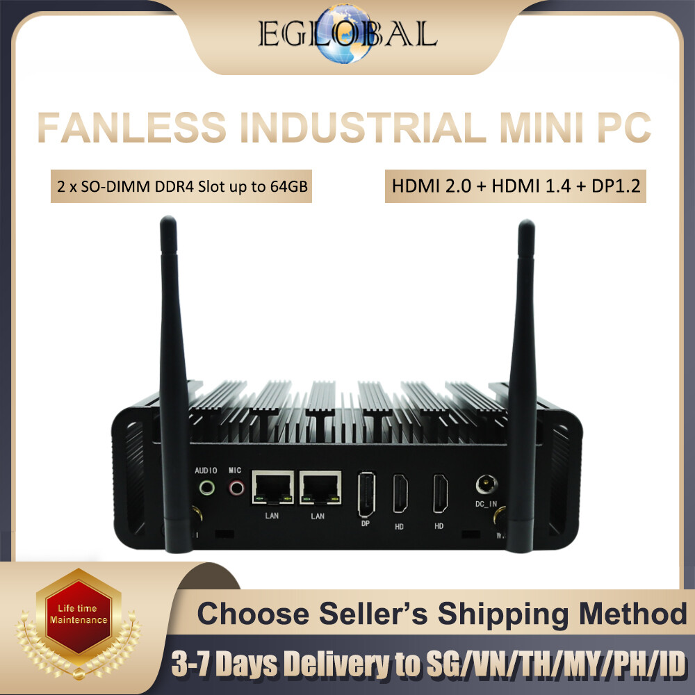 Eglobal Cheapest Mini Desktop Computer Intel Pentium 6405U Max 64G DDR4 RAM 1TB NVME SSD WIFI and Bluetooth three displays outputs 2LAN 2COM Fanless Mini PC ราคา 9,702 บาท*ส่งฟรี