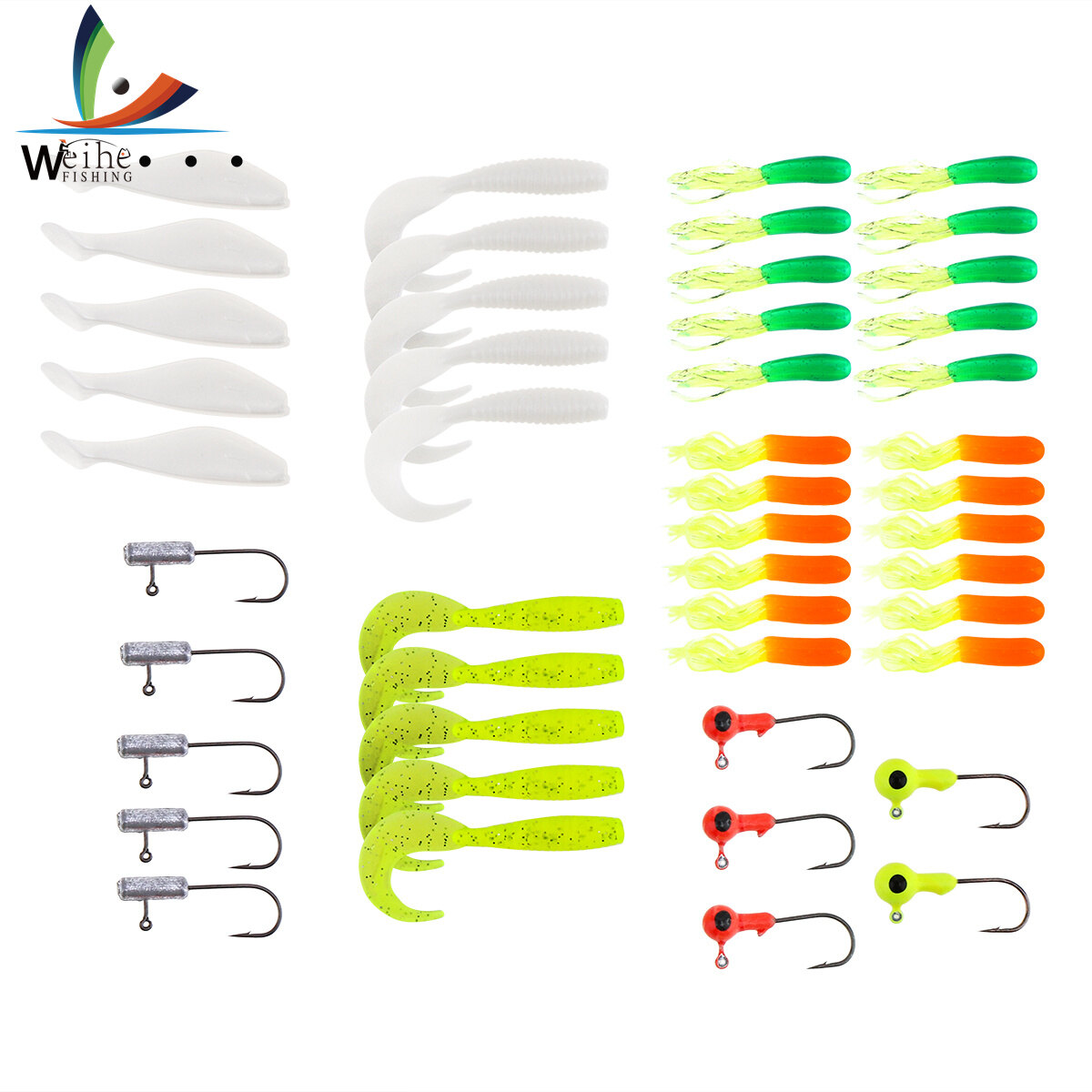 Weihe 35 cái mồi câu cá mềm mồi câu cá nhân tạo bằng silicon mồi giun + 10 cái móc đầu jig cho mồi câu cá chép