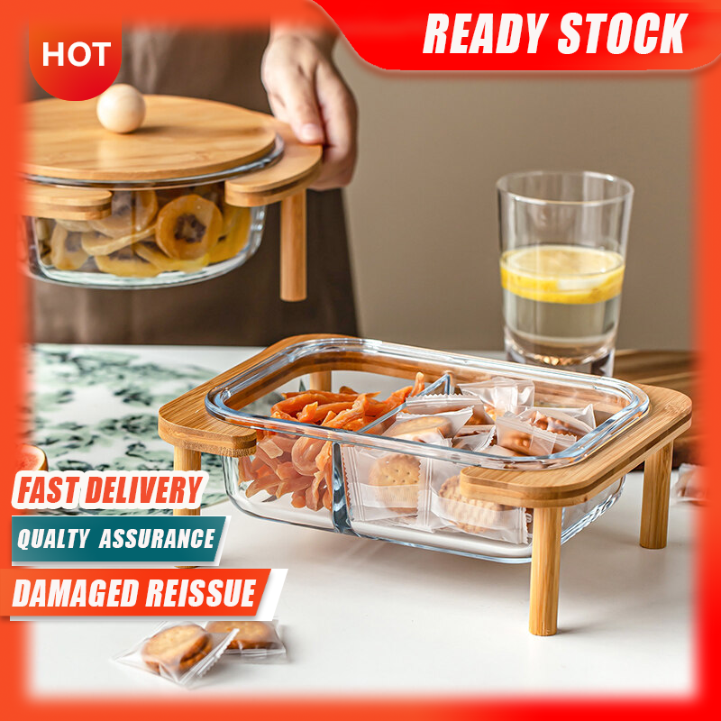 Gambar ??Ready Stock??Creative Wooden Tray Snack Plate Glass Refreshment Fruit Plate Divided Grid Snack Candy Box with Lid Dried Fruit Plate Gift