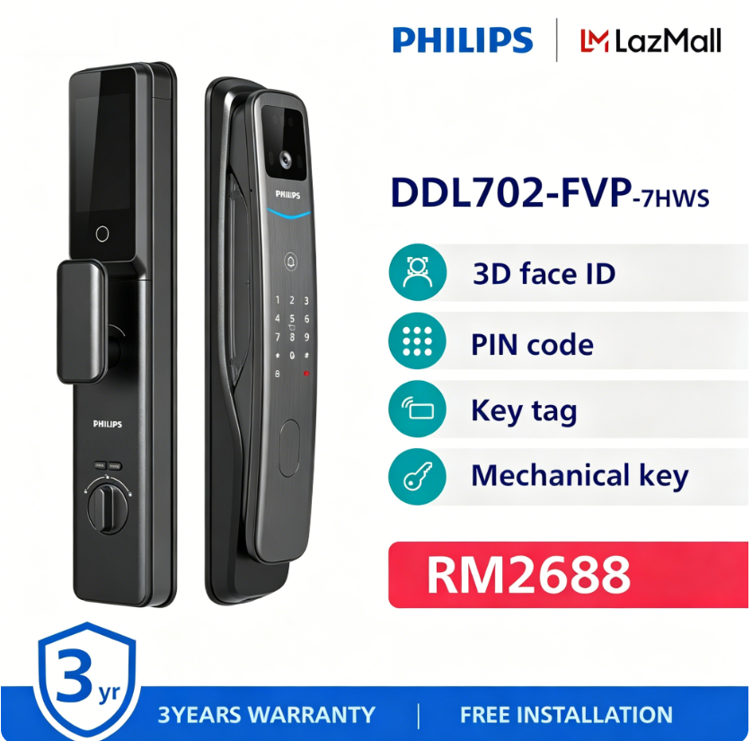 DDL702-FVP-7HWS PHILIPS Push Pull 3D Facial Smart Lock Wooden Door WiFi Remote Video Intercom 4 Inch HD Display Free Installation & 3Y Official Warranty