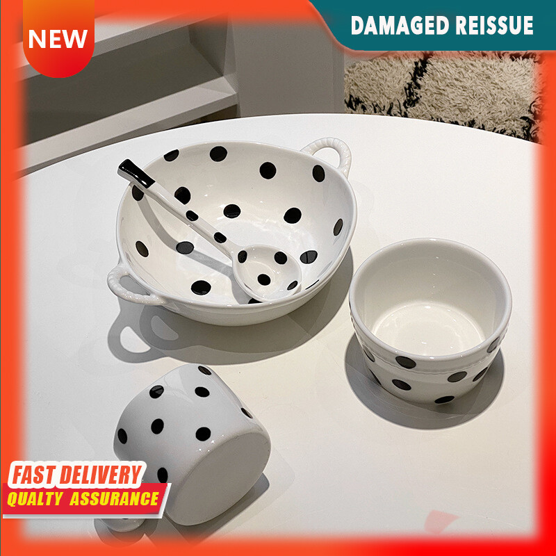 Gambar Black and White Wave Point Hepburn Classic European Ceramic Plate Bowl Tableware Household Binaural Bowl Cup One Person Food Set