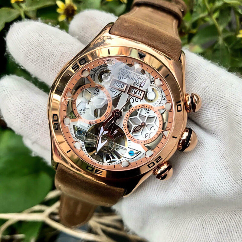 Reef Tiger/Rt Đồng hồ thể thao Cho Nam Giới Skeleton đồng hồ dạ quang Năm Tháng Ngày Ngày hồng vàng đồng hồ tự động Rga703