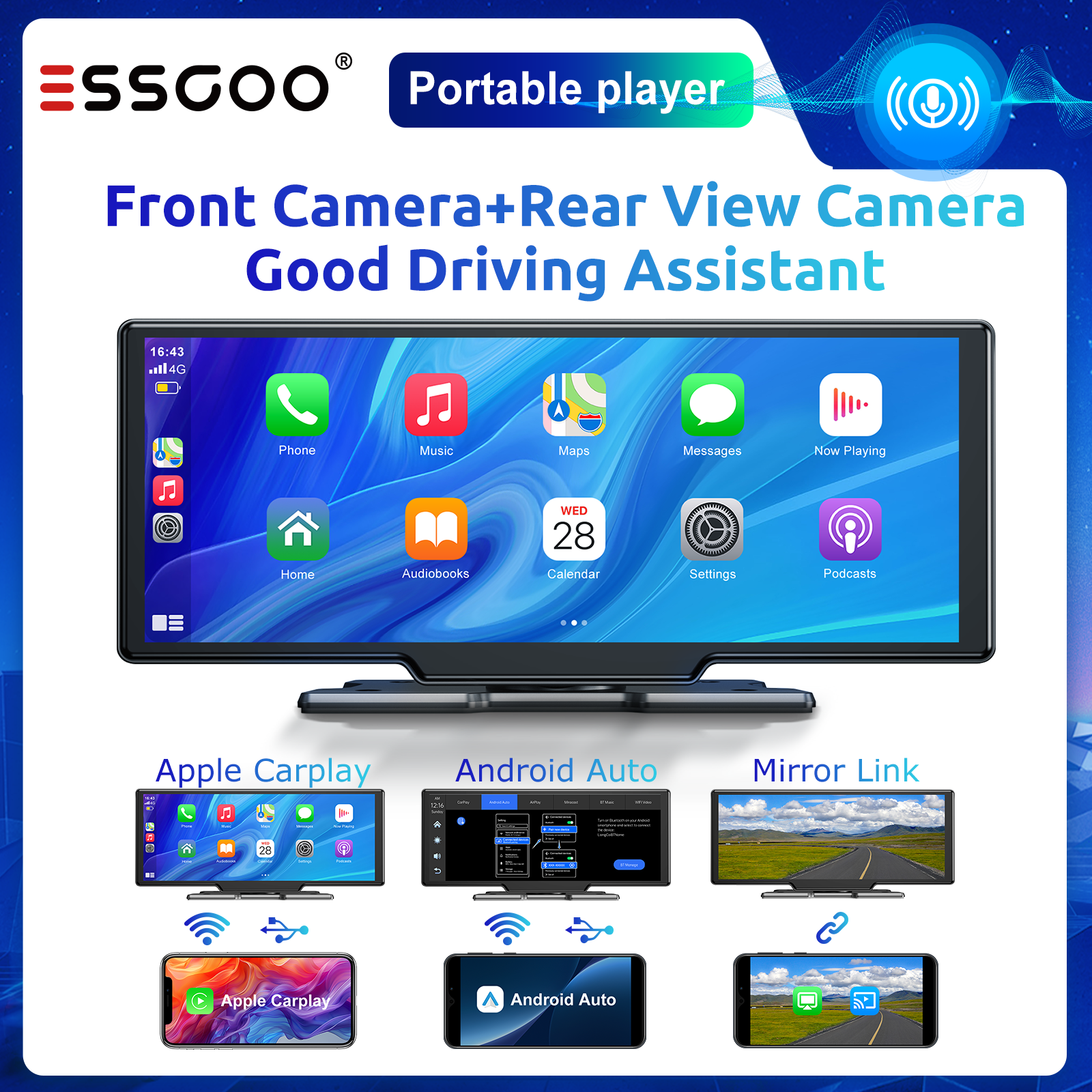 ESSGOO 10.26 inch Dual Camera with Split Screen Function Wireless Carplay & Android Auto HD IPS+2.5D Screen Ultra-Wide Perspective Upgrade Bluetooth Stereo Touchscreen ราคา 2,498 บาท*ส่งฟรี