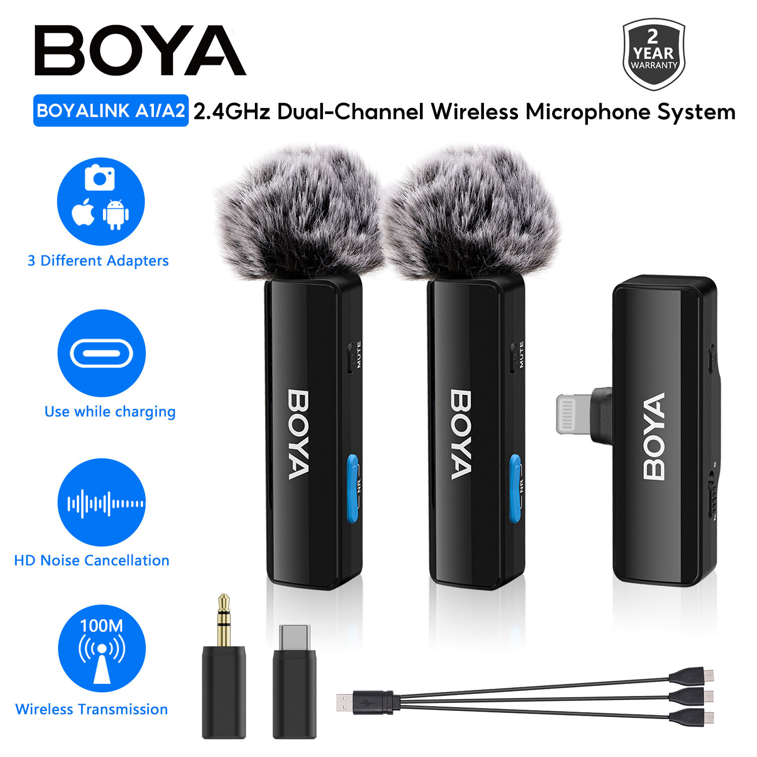 BOYA BOYALINK A1/A2 Micro không dây Mini nguyên bản kèm đầu chuyển USB-C Lightning 3.5mm Micro cài áo chuyên nghiệp dùng cho máy quay Vlog Android iPhone Laptop TikTok YouTube