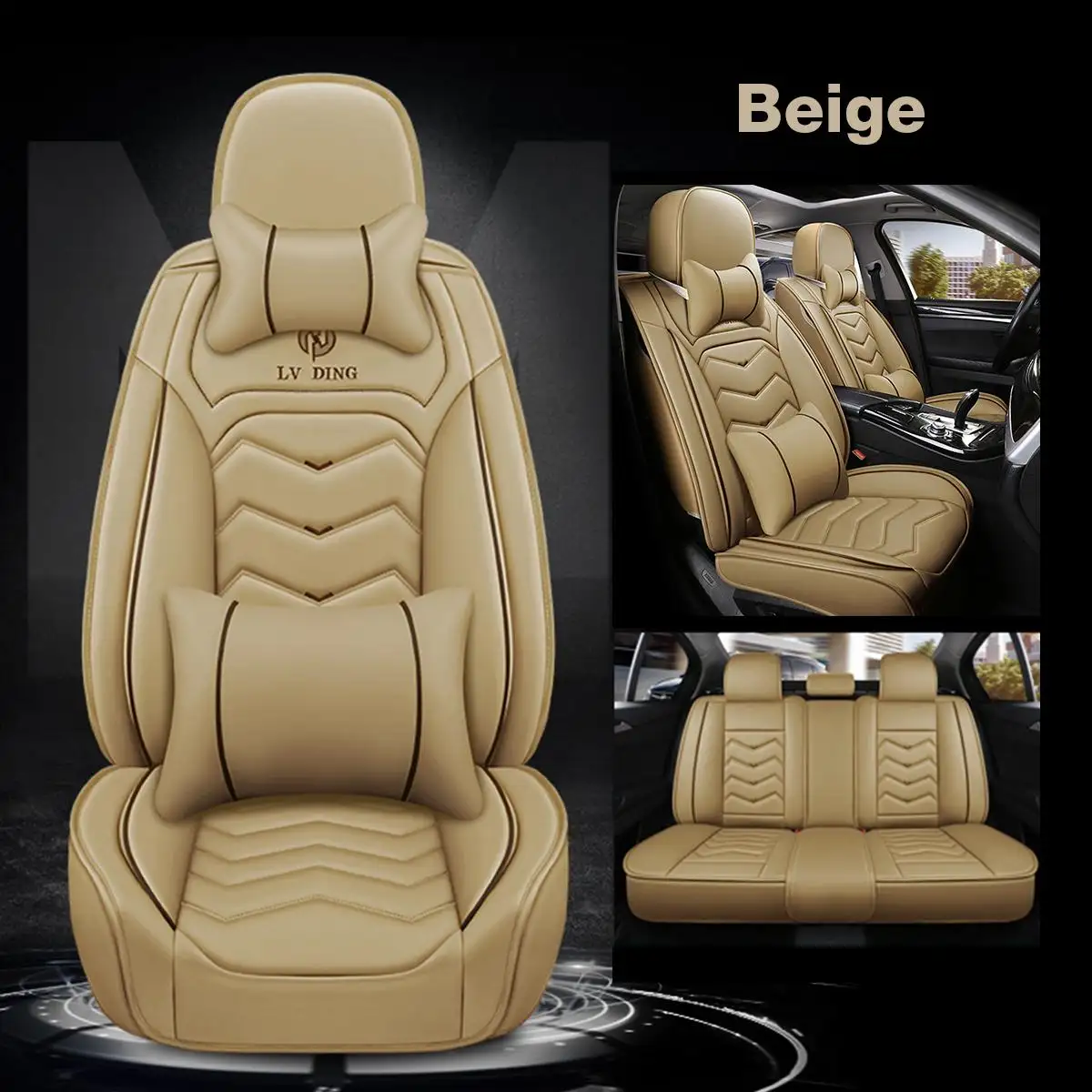 3Pcs Universal Beige PU Leather Luxury Car Front /& Rear Seat Cover Protector Mat