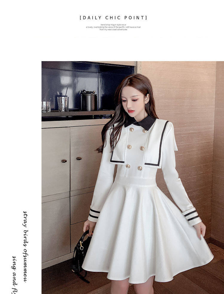 Navy style dress for women 2021 Spring and Autumn new small waist-tight temperament contrast color college style long sleeve A- line dress