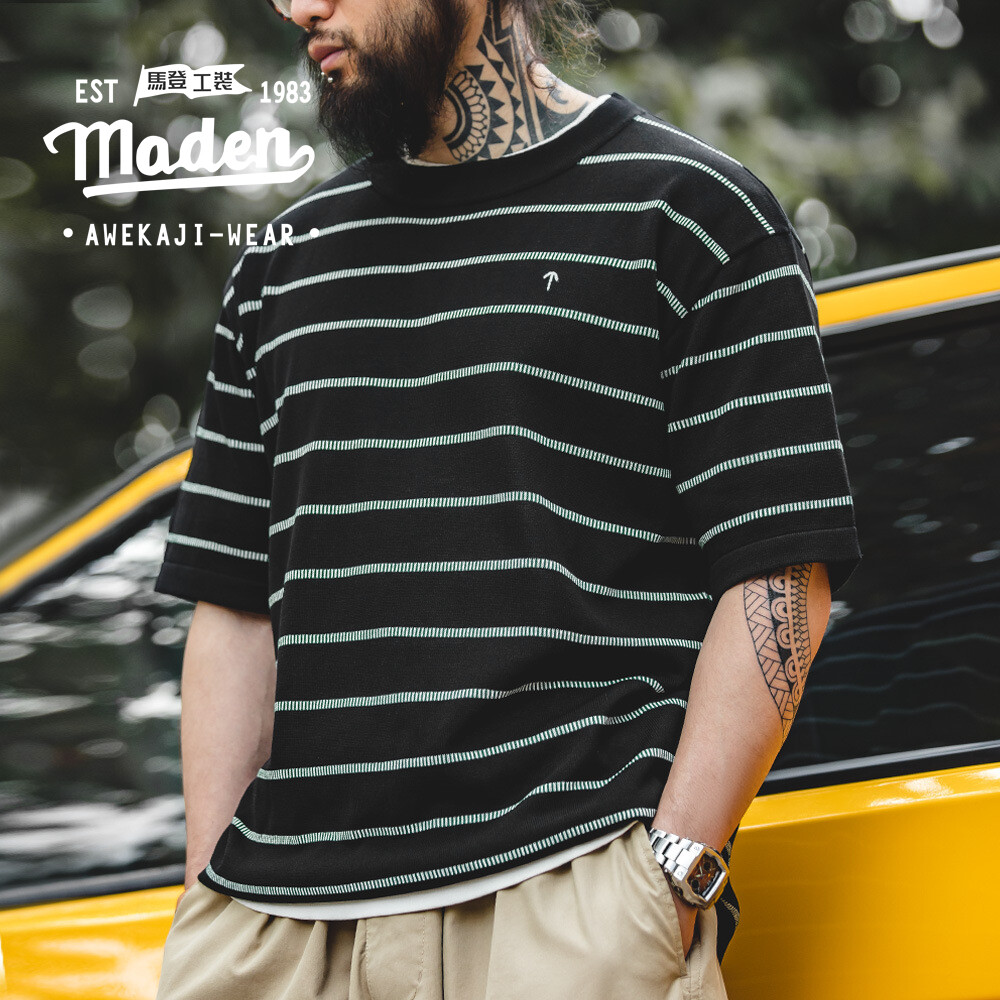 MADEN brand Workwear Style 2024 Summer New Tough Man Mature Men Youth American Casual Fine Stripe Knitted Short Sleeve Black and White Contrast Round Neck Loose Medium Sleeve T-shirt