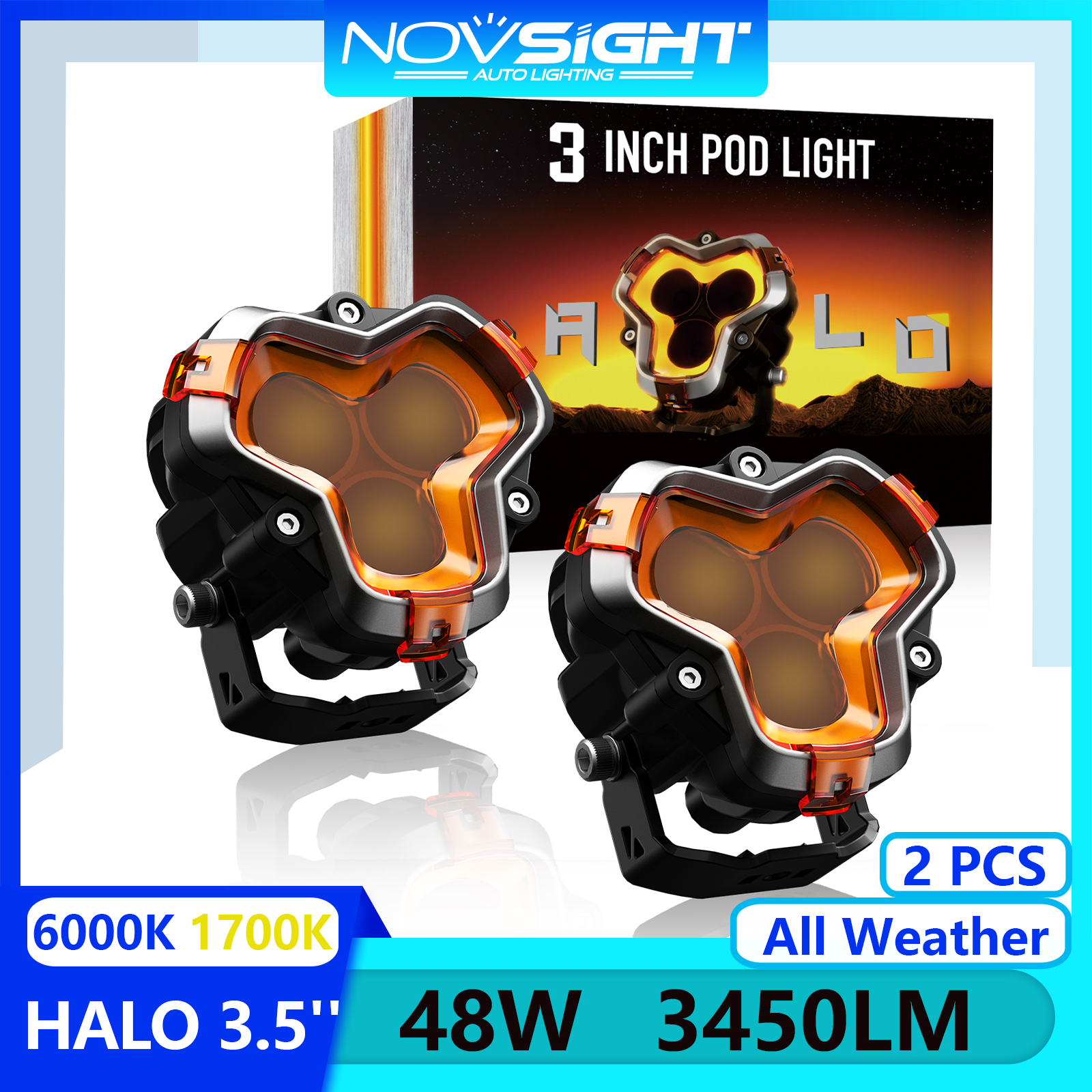  2 bóng Novsight Mọi thời tiết HALO Series 3,5 inch Dải đèn LED DRL Đèn lái xe mô tô Đèn pha Đèn pha Đèn sương mù Đèn pha và Đèn pha 48W 3450LM 6000K 1700K Siêu sáng 