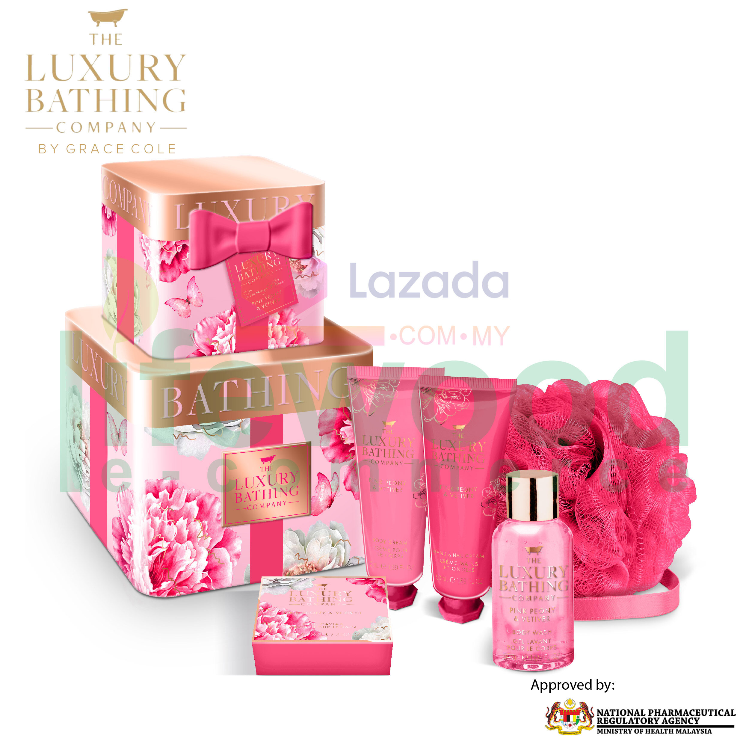 Gambar THE LUXURY BATHING COMPANY Bathing Blossoms Reusable stacking tin with 50ml Body Wash, 50mlHand   Nail Cream, 50ml Body Cream, 80g Bath Caviar and Body Polisher