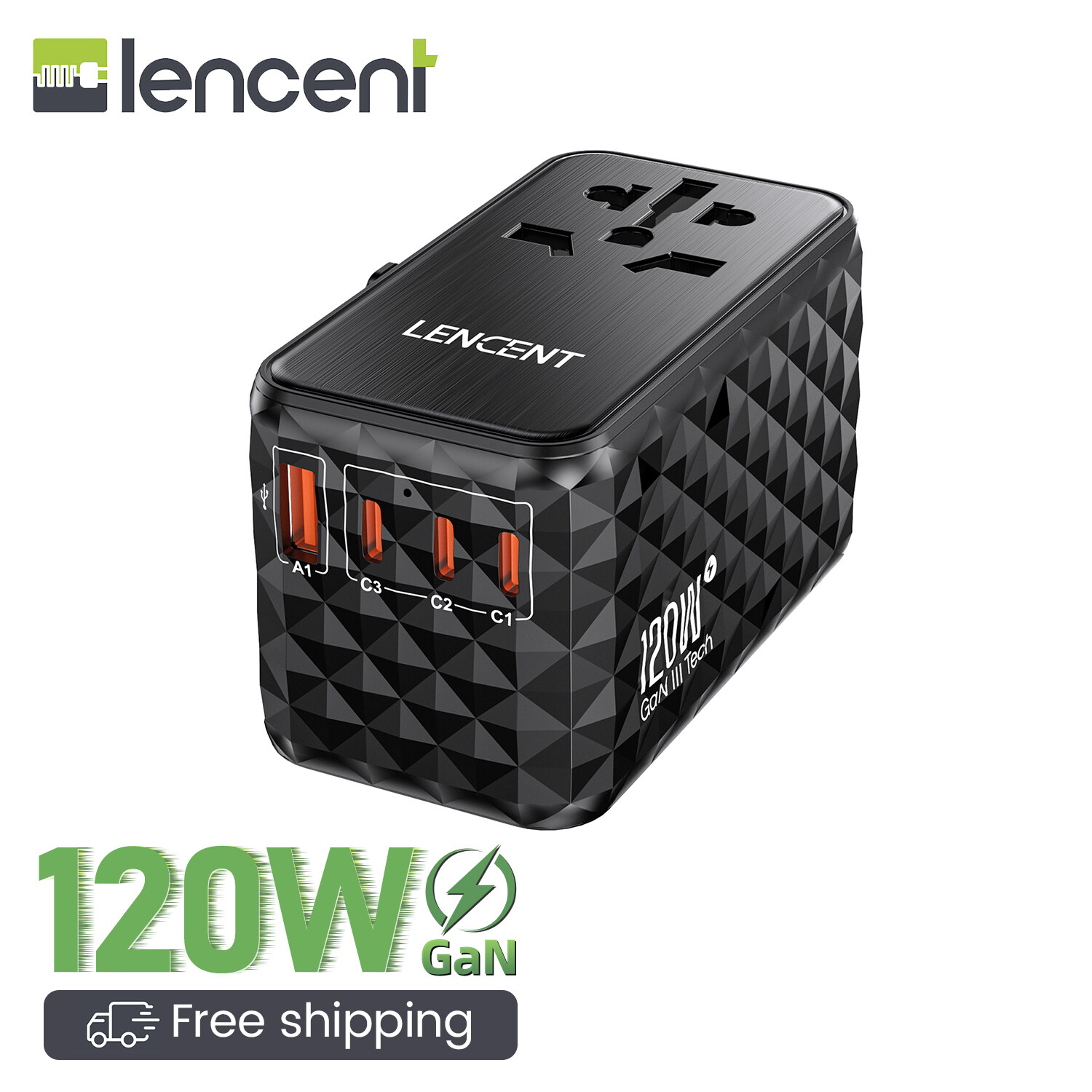 Lencent 120W du lịch quốc tế Adapter gan Bộ chuyển đổi du lịch phổ thông với 1 USBA & 3 loại C Bộ chuyển đổi điện sạc nhanh cho điện thoại máy tính xách tay trên toàn thế giới Bộ chuyển đổi phích cắm cho USA/UK/EU/AUS đen