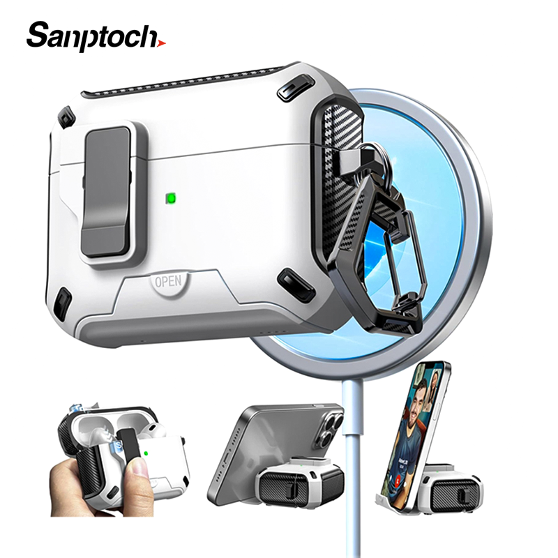 Sanptoch Airpods Ốp bảo vệ khóa tự động thế hệ thứ 4/Pro2/3 Vỏ tai nghe có chân đế vô hình tích hợp kèm bút làm sạch cho Airpods Pro/2/1 vỏ toàn bộ chống sốc chống rơi có dây buộc