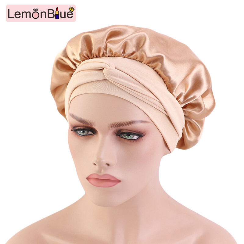 Gambar LemonBlue Night Cap Wide Brim High Elastic Headband Shower Cap Satin Sleep Hair Care Cap Soft Hair Cap Universal