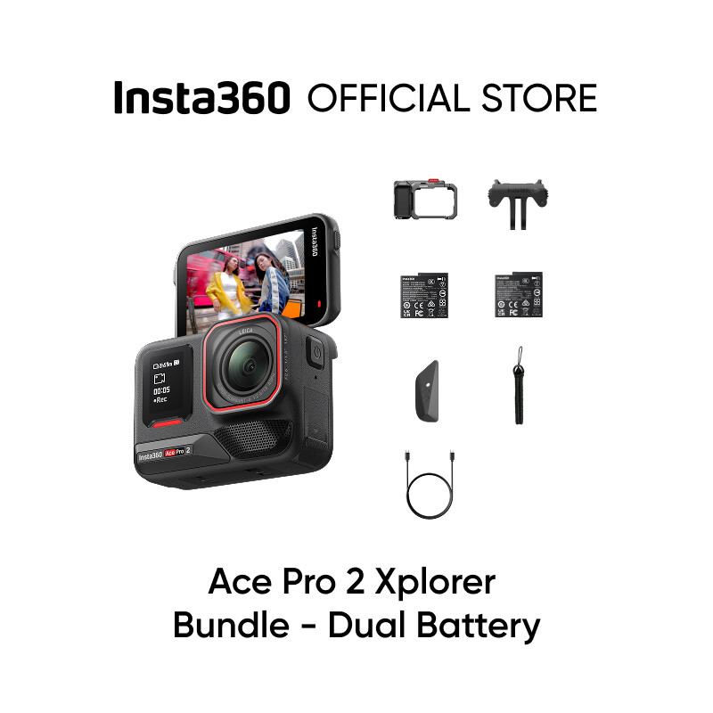Insta360 Ace Pro 2 Dual Battery Xplorer Bundle - 8K Waterproof Action Camera Co-Engineered with Leica, 1/1.3" Sensor, Dual AI Chip, Leading Low Light, Superior Audio, Flip Screen & AI Editing for Vlogs, Motorcycling & More - Jenama Insta360 Harga 2,059 Ringgit*Penghantaran Percuma