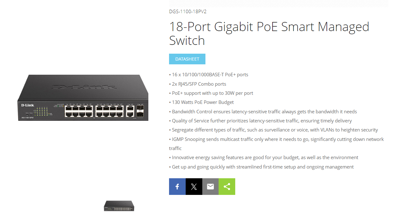 D Link DGS 1100 18P 18 Port Gigabit PoE Smart Managed Switch GS