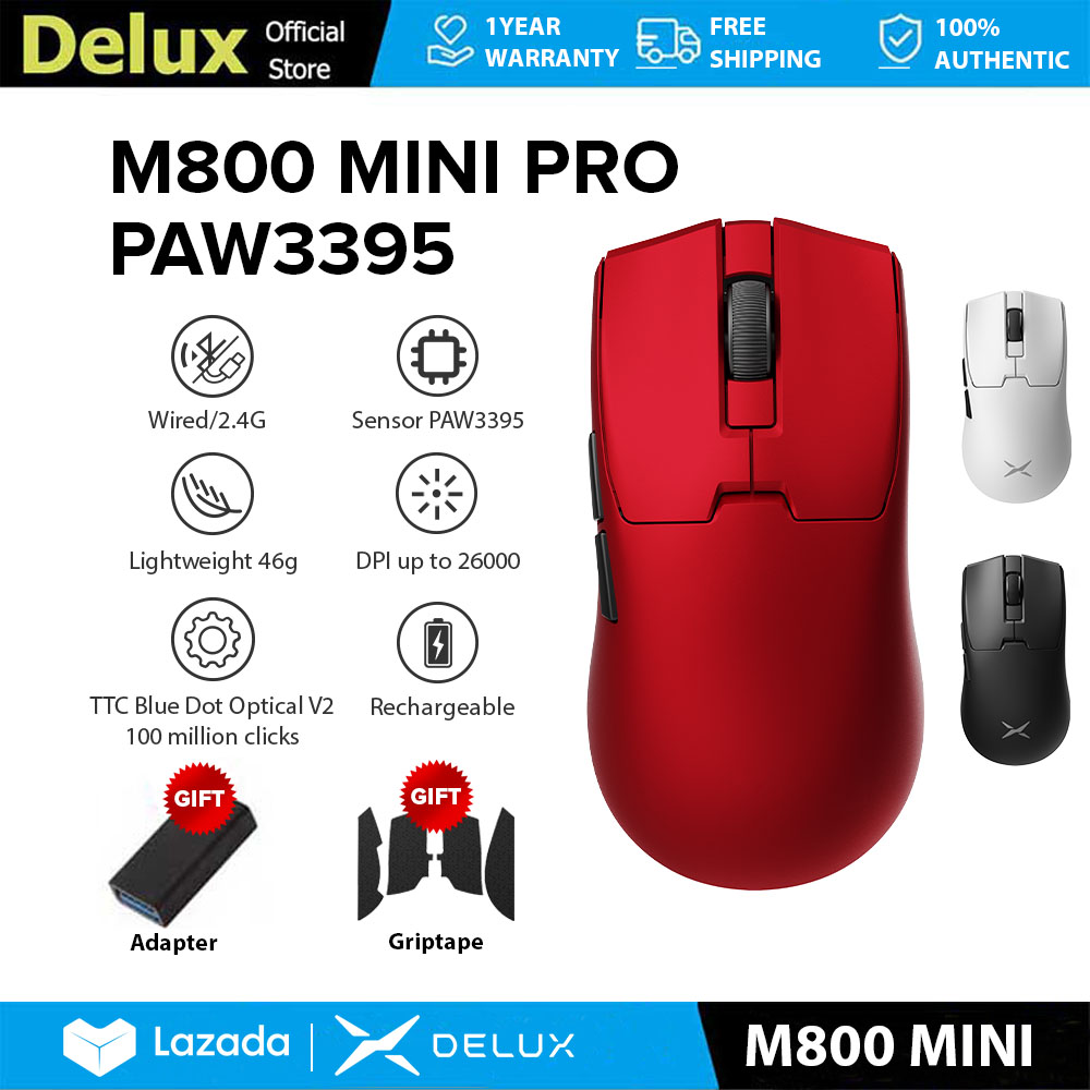 Delux M800 Mimi Loạt Paw3395 Chuột chơi game Dpi Max 26000 Có Dây 2.4G không dây sạc lại được 42G Ttc Chuyển Đổi Cho PC/Máy Tính Xách Tay/Cửa Sổ