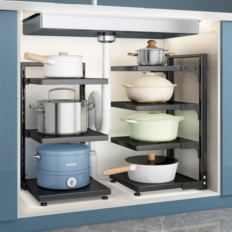 Gambar Kitchen Rack Adjustable Layer High Carbon Steel Sink Pot Rack Free Punching Kitchen Supplies Storage Rack Pot Rack
