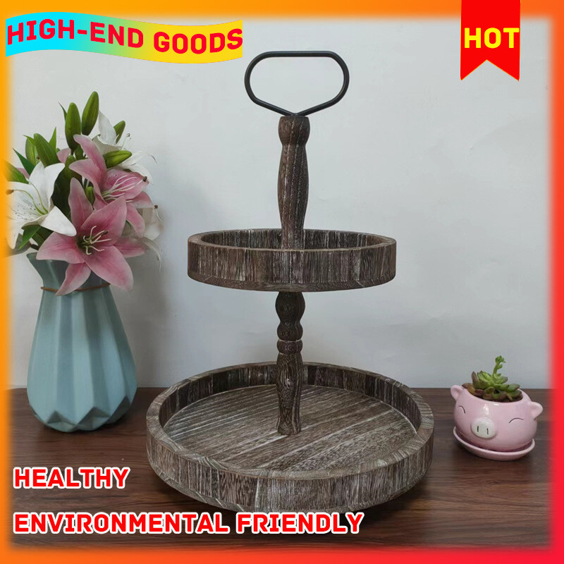 Gambar Household Double layer Wooden Tray Double layer Shelf Afternoon Tea Snack Wooden Tray Dessert Cake Tray Display