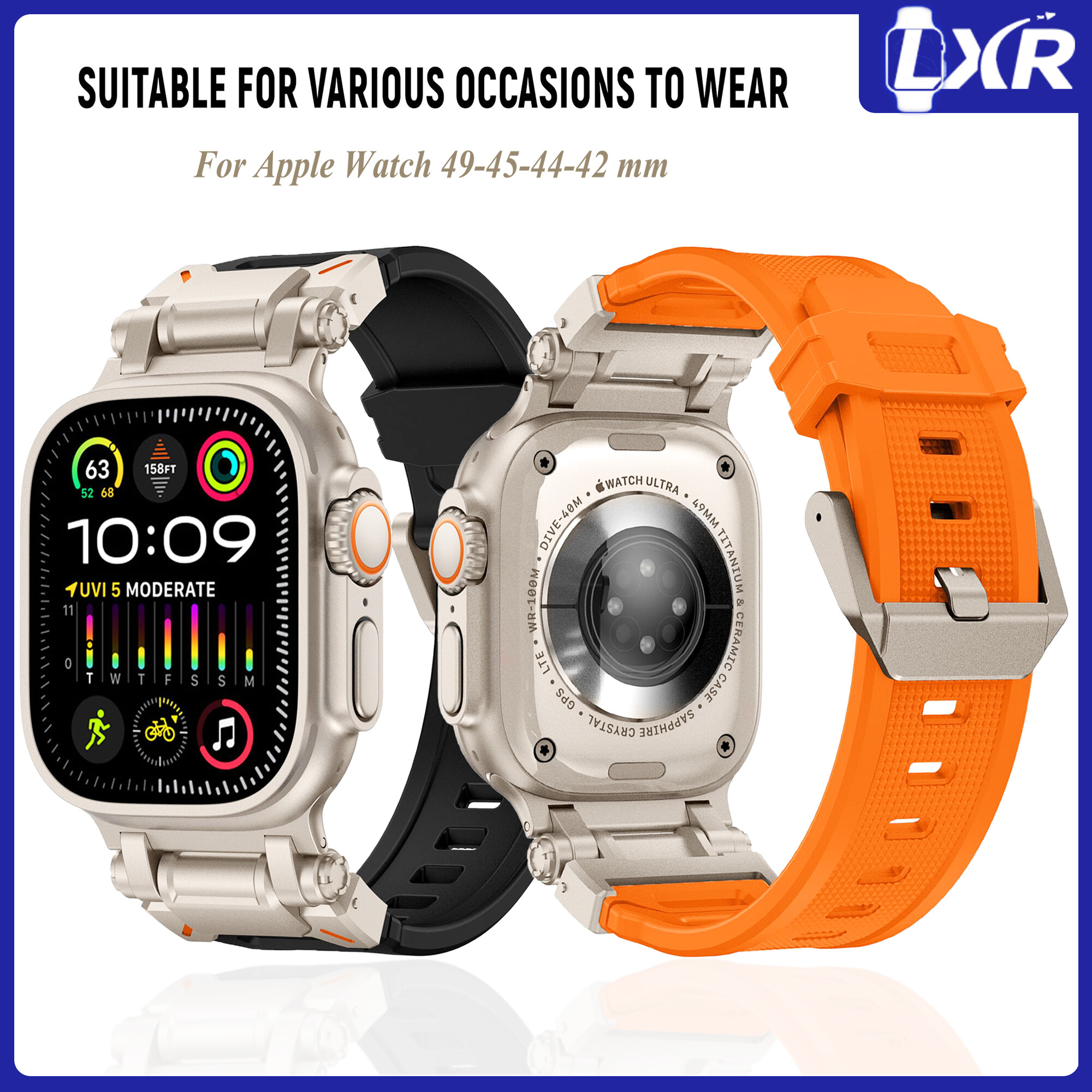 Sport Silicone Strap for Apple Watch Ultra 1/2 Band 49mm 45mm 44mm 42mm Rugged metal+rubber Bracelet Replacement Wristband for iWatch Series 7 8 9 6 4 5 3 SE ราคา 403 บาท*ส่งฟรี