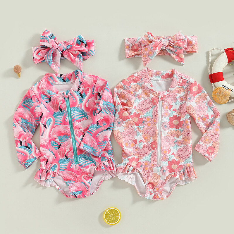 Trẻ em em bé bé gái Đồ Bơi Chống mẩn ngứa áo tắm Flamingo in hoa tay dài