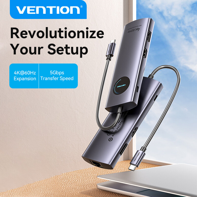 Vention 10 Trong 1 USB C HUB Type C Sang HDMI DP 4K 60Hz USB 3.0 5Gbps RJ45 1000Mbps PD100W SD TF Ca