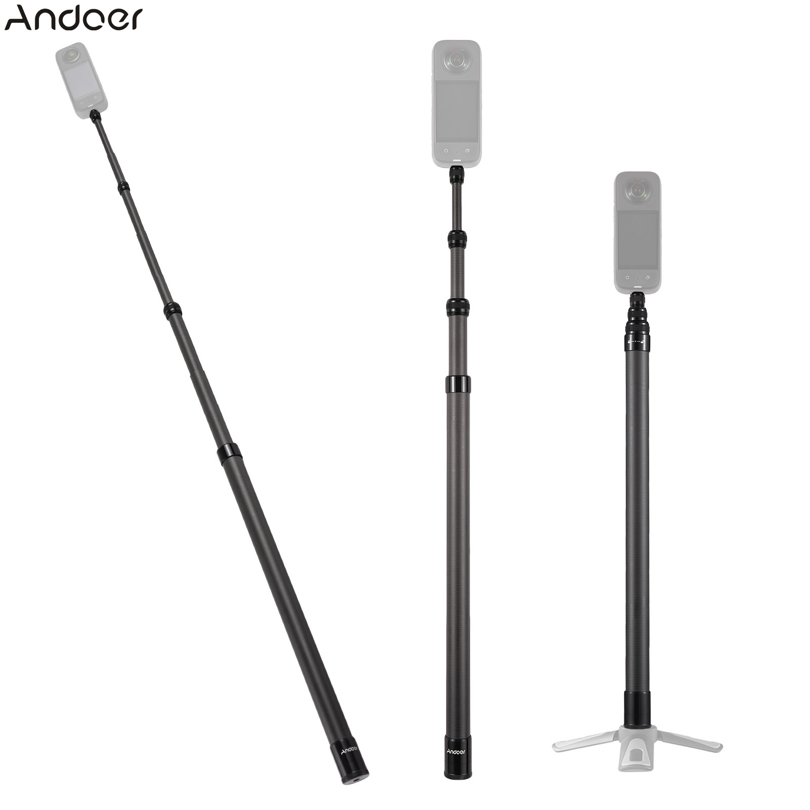 Andoer Giá đỡ Selfie kính viễn vọng Selfie cầm tay 2.1 mét/82.6 inch sợi carbon 3 phần với vít 1/4in Tương thích với insta360 X2/X3
