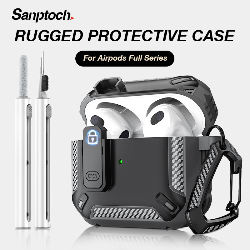 Sanptoch Lock Switch Headset Case For Apple AirPods 4 / Pro 2nd / 3rd / Pro Mech Style Shockproof Full Cover For Airpods 2 / 1 Generation Carbon Fibre Protective Casing With Keychain ราคา 123 บาท*ส่งฟรี