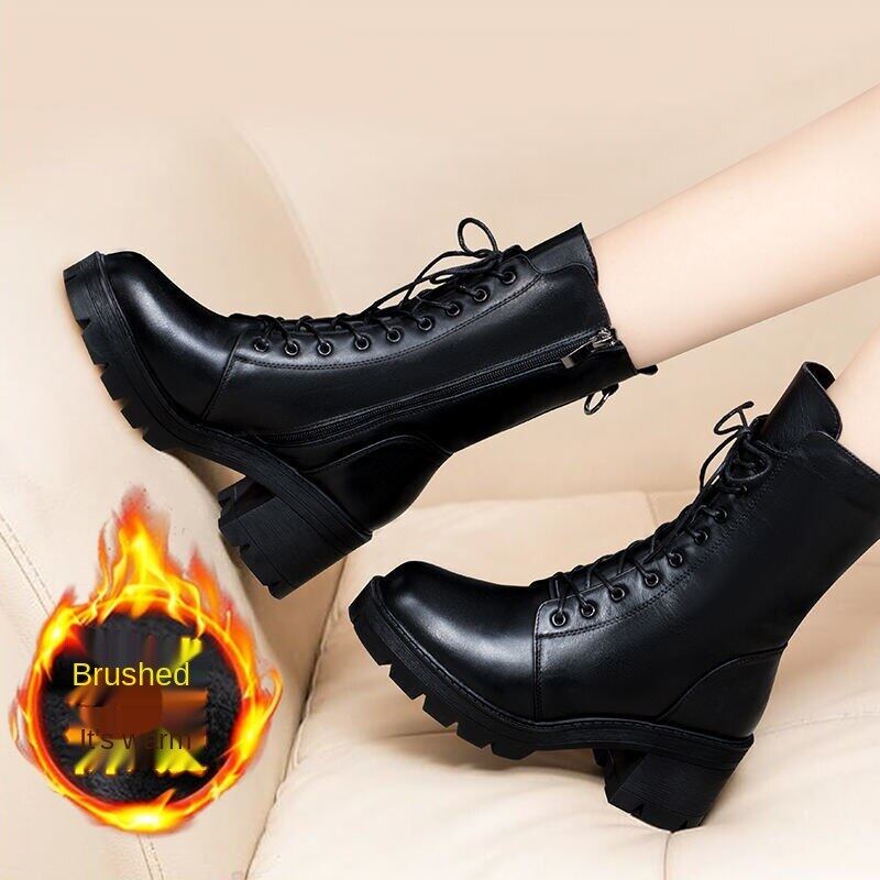 2020 new Martin boots women thick heel lace up mid-tube boots women flat bottom autumn and winter shoes mid thick heel non-slip military boots