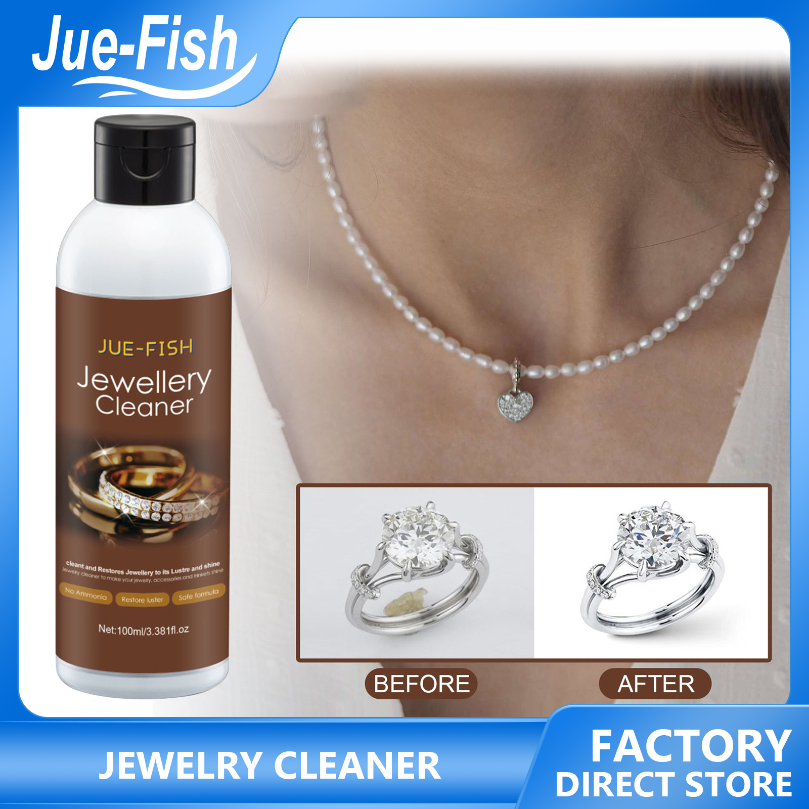 JUE-FISH 100ml Jewelry Cleaning Jewelry Cleaner Gold Watch Diamond Ring Polishing Cleaning Spray Cleaning Tool Household Cleaning Liquid Jewelry Cleaner Cleaning Solution Tarnish Remover Diamonds Color Gold Jewelry Stain Clean Spray ราคา 143 บาท*ส่งฟรี