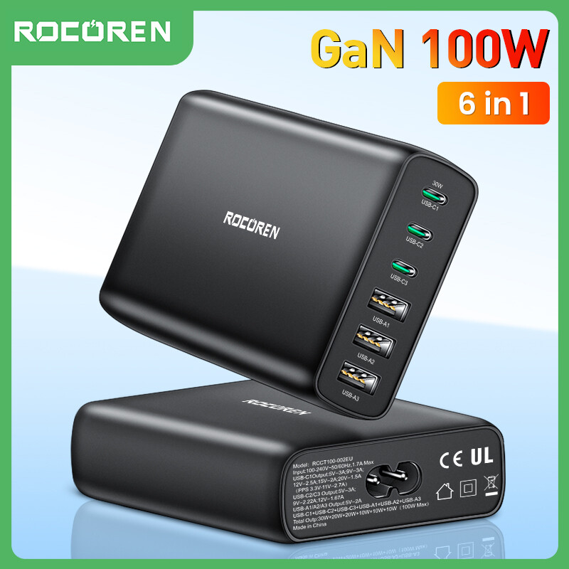 Rocoren 100w gan sạc 6 cổng usb type c pd sạc nhanh quick charge 4.0 3.0 usb sạc để bàn cho iphone 14 13 pro xiaomi