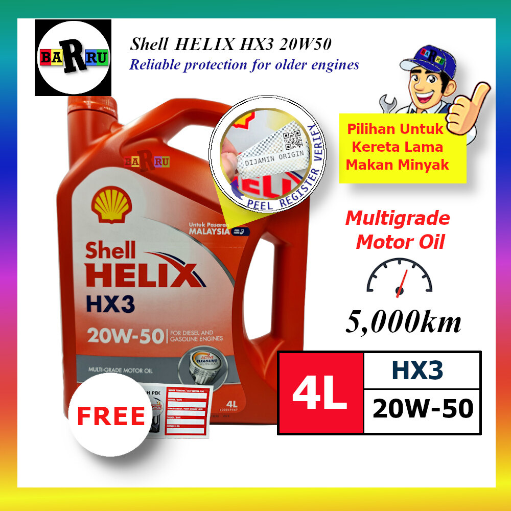 Shell Helix HX3 20W50 4L Engine Oil 20W-50 lubricant for older cars Minyak Hitam minyak pelincir murah untuk kereta proton perodua toyota honda lama yang makan minyak