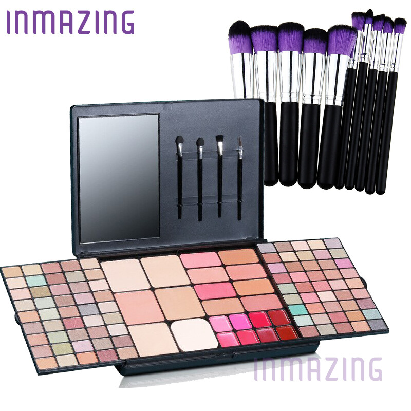 Gambar Inmazing Signature Cosmetic 112 Colors Makeup Artist Palette Eyeshadow Blusher Lip with Mirror Brush + Lux Extra 10 Soft Make Up Brushes ? Best Women Gift Set ?