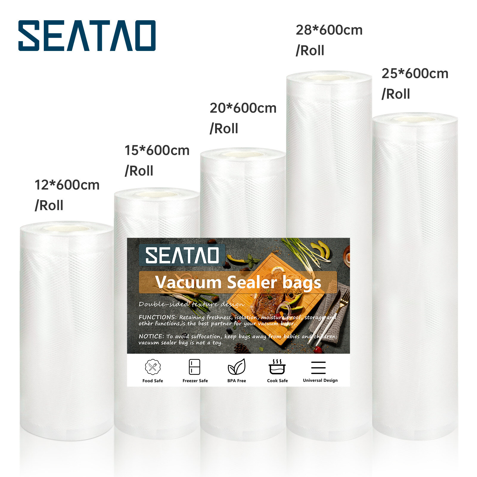 Gambar Seatao Food Grade BPA Free Bags for Food Storage Sealer Machine Packing Plastic Double sided Vacuum Sealer Bag for Food Plastic Bag Roll for Vacuum Sealer Machine High Quality Plastic Bag for Food