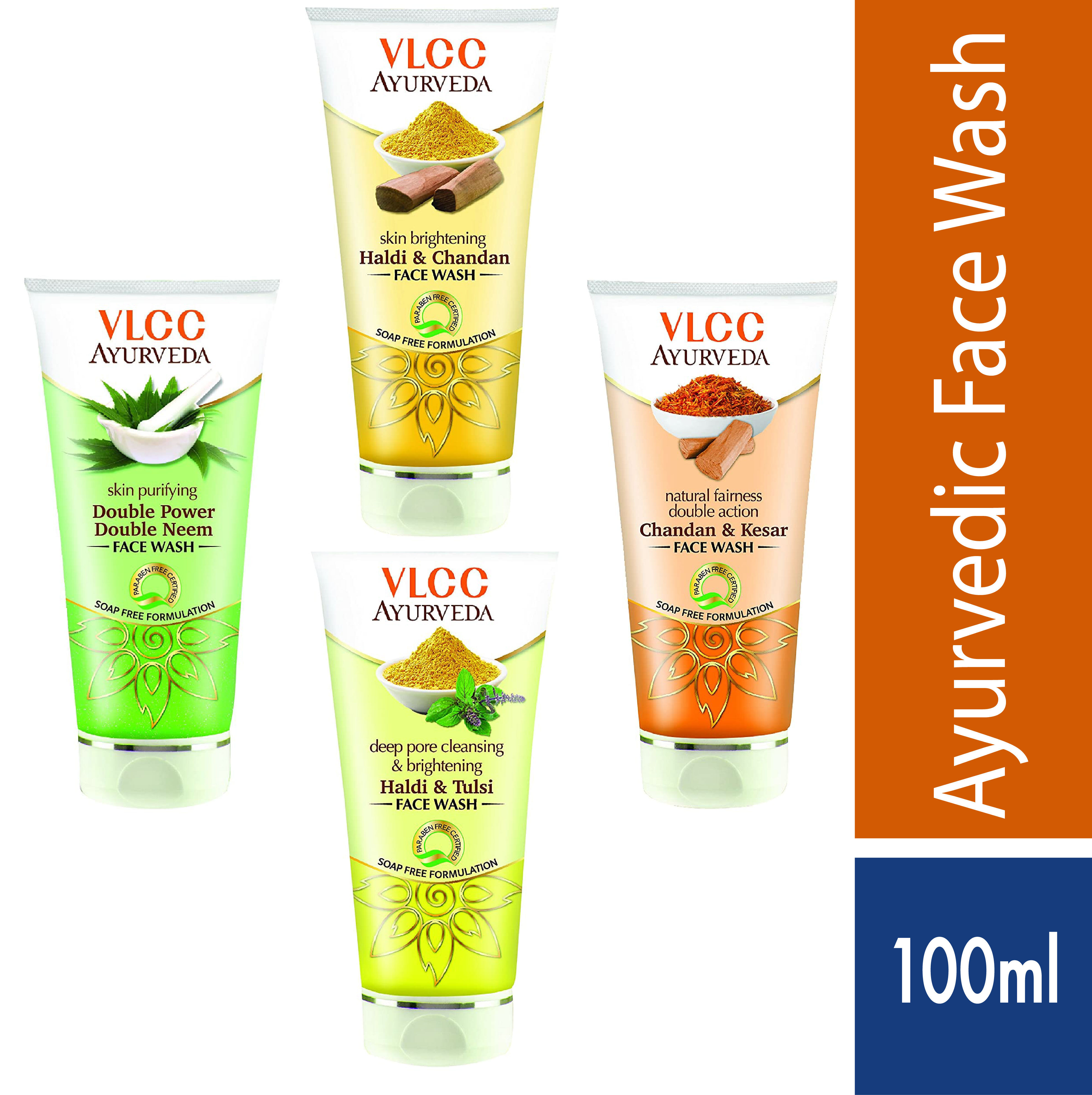 Gambar VLCC Ayurveda Face Wash 100ml Double Neem, Turmeric Sandal, Turmeric Tulsi, Sandal Safron (Haldi Tulsi, Haldi Chandan, Chandan Kesar),