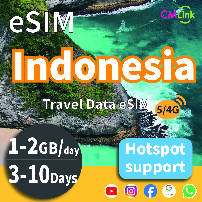 Indonesia Travel Data eSIM Card with Unlimited (3-10Days, 1GB/2GB Daily High-Speed Data+Hotspot+Top-Up,QR Code Sent to Your Email) ราคา 143 บาท*ส่งฟรี